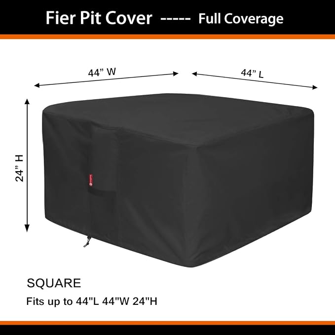 SheeChung Large 44'' Square Fire Pit Cover - Waterproof 600D Heavy Duty Square Patio Fire Pit Table Cover Black (44''L x 44''W x 24''H)-Fits 40",42",43",44"Firepit/Bowl Cover