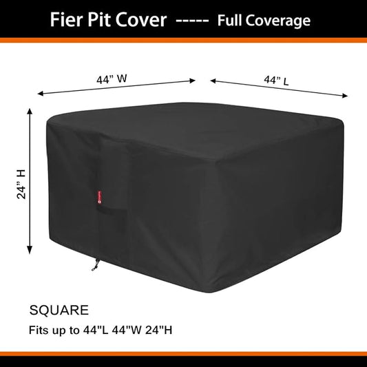 SheeChung Large 44'' Square Fire Pit Cover - Waterproof 600D Heavy Duty Square Patio Fire Pit Table Cover Black (44''L x 44''W x 24''H)-Fits 40",42",43",44"Firepit/Bowl Cover