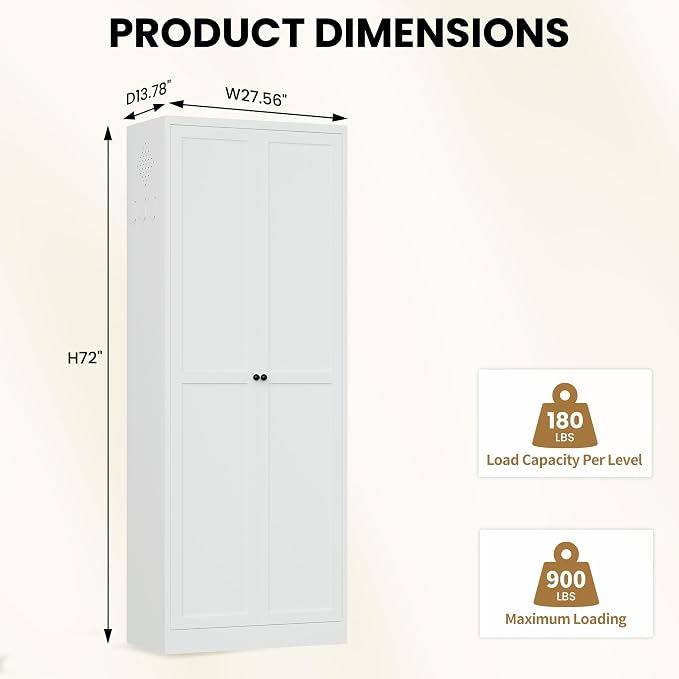 Kitchen Pantry Cabinet, 72" Tall White Metal Storage Cabinet, Kitchen Storage with 2 Doors and 5 Adjustable Shelves, Freestanding Cupboard for Living, Dining Room and Bathroom,Assemble Required