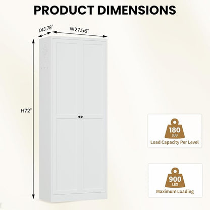 Kitchen Pantry Cabinet, 72" Tall White Metal Storage Cabinet, Kitchen Storage with 2 Doors and 5 Adjustable Shelves, Freestanding Cupboard for Living, Dining Room and Bathroom,Assemble Required