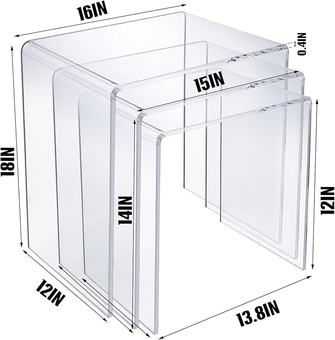 Barydat Set of 3 Nesting Tables Transparent Acrylic Side Table Modern Coffee Clear Desk with Round Corner Rectangle Clear Nightstand and Stool for Living Room Bedroom Home Office