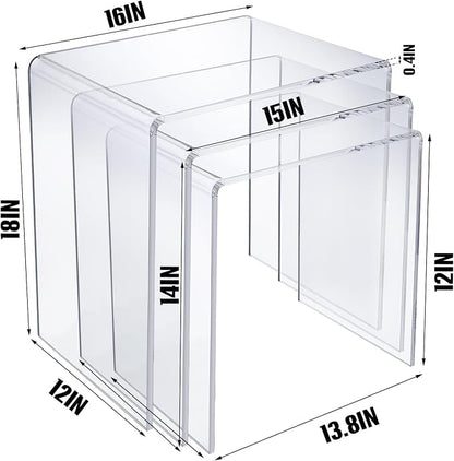 Barydat Set of 3 Nesting Tables Transparent Acrylic Side Table Modern Coffee Clear Desk with Round Corner Rectangle Clear Nightstand and Stool for Living Room Bedroom Home Office
