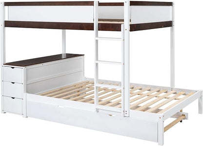 Ball & Cast Full-Over-Full Bunk Bed with Twin Size Trundle,Solid Wood Bedframe W/Desk & Drawers,USB,Space Saving,Easy Assembly,Multifunctional Bedroom Furniture Set for Boys Girls Teens,White+Walnut