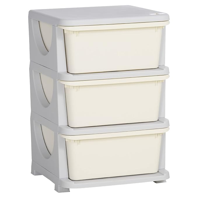 Qaba 3 Drawers Kids Storage Unit, 3 Tier Stackable Toy Organizers and Storage Chest for Bedroom, Nursery, Playroom, Living Room, Boys, Girls, Toddlers, Cream White