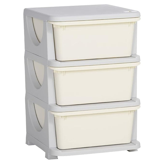 Qaba 3 Drawers Kids Storage Unit, 3 Tier Stackable Toy Organizers and Storage Chest for Bedroom, Nursery, Playroom, Living Room, Boys, Girls, Toddlers, Cream White
