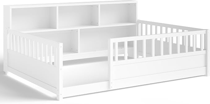 Bellemave Kids Montessori Floor Bed Full Size,Floor Bed Frame with Bookcase and Fence for Kids Boys Girls,White