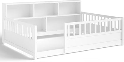 Bellemave Kids Montessori Floor Bed Full Size,Floor Bed Frame with Bookcase and Fence for Kids Boys Girls,White