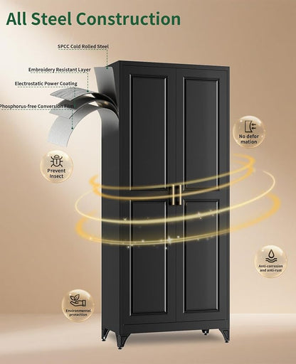 75" Tall Black Metal Storage Cabinet with 2 Doors and 4 Adjustable Shelves, Heavy Duty Steel Pantry Cabinet for Garage, Home Office, Kitchen and Laundry Room, Freestanding Utility Cupboard