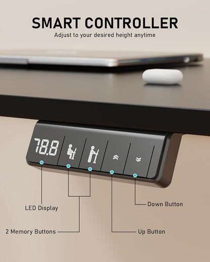 63" Electric Standing Desk Adjustable Height, Sit Stand up Desk for Home Office & Computer Workstation, 2 Memory Height Settings, Splice Board, 2 Hooks, Black Frame/Black Top