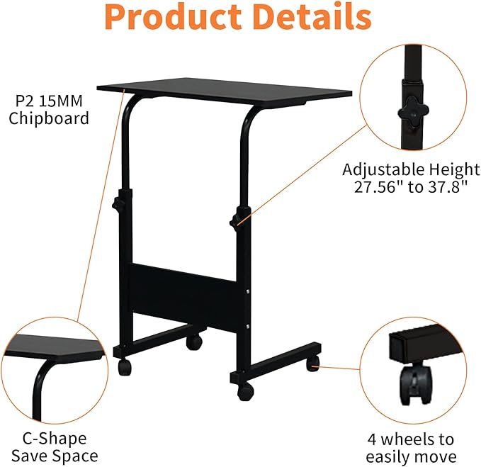 Karl home Small Side Mobile Table 23.6 inch Computer Desk with Wheels Height Adjustable Rolling Potable Laptop Cart, C-Shaped Bed Couch End Tables with Edge Stopper for Living Room Bedroom, Black