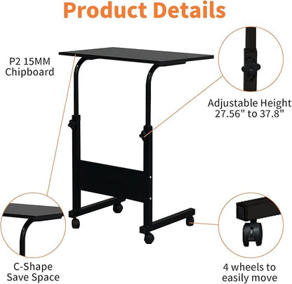 Karl home Small Side Mobile Table 23.6 inch Computer Desk with Wheels Height Adjustable Rolling Potable Laptop Cart, C-Shaped Bed Couch End Tables with Edge Stopper for Living Room Bedroom, Black