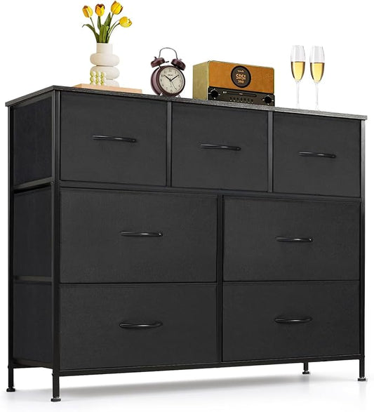7-Drawer Dresser for Bedroom, Anti-Tip Wide Storage Organizer Fabric Chest of Drawers TV Stand for 45" TV with Wooden Top and Metal Frame for Closet, Living Room, Hallway, Entryway, Black