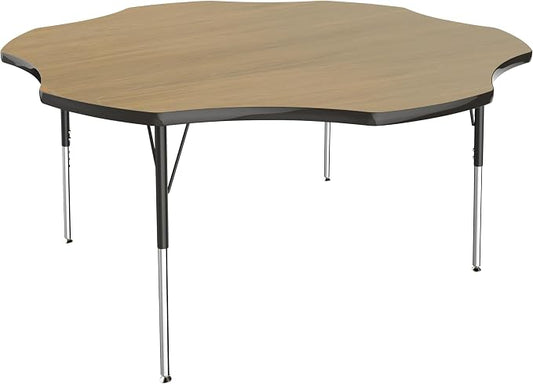 FDP Flower (60 x 60 inch) Collaborative Classroom Table with Adjustable Standard Swivel Glide Legs (19-30 in); School and Office Furniture - Pasadena Oak Top/Black Edge and Legs
