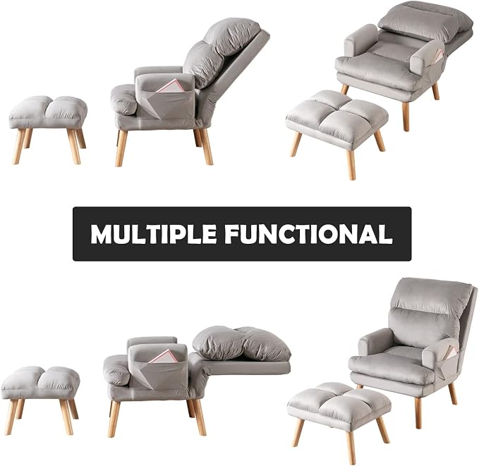 CANMOV Modern Accent Chair with Ottoman, Soft Fabric Armchair with Adjustable Backrest and Side Pockets, Comfy Lounge Chair for Living Room, Bedroom, Apartment, Office, Grey
