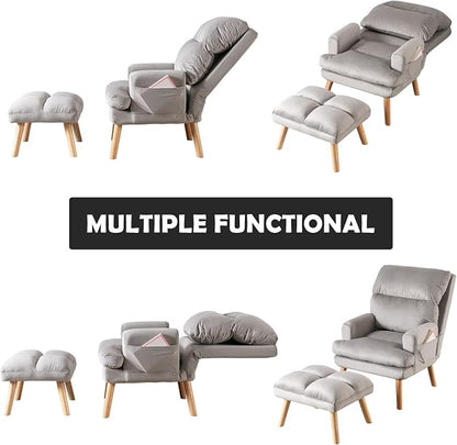 CANMOV Modern Accent Chair with Ottoman, Soft Fabric Armchair with Adjustable Backrest and Side Pockets, Comfy Lounge Chair for Living Room, Bedroom, Apartment, Office, Grey