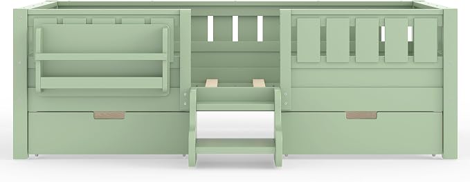 Bellemave Twin Bed with Storage Drawers & Bookshelf, Low Profile Kids Bed Frame with Staircase & Full Length Guardrails, Wood Twin Bed for Kids with Slats Load 350LBS, Easy Assembly, Green