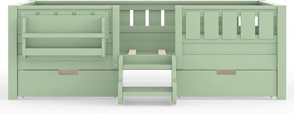 Bellemave Twin Bed with Storage Drawers & Bookshelf, Low Profile Kids Bed Frame with Staircase & Full Length Guardrails, Wood Twin Bed for Kids with Slats Load 350LBS, Easy Assembly, Green
