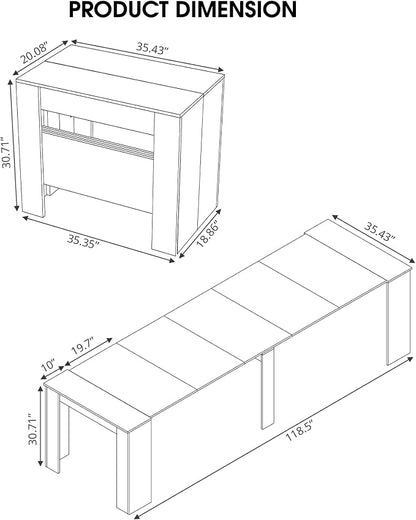 Expandable Dining Room Table, Extendable Table for 10-12 People, Folding Console Table, Space Saving Kitchen Table for Apartment, Marble and White