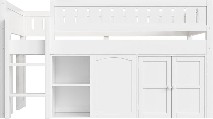 Full Size Loft Bed with Storage Cabinet & Chalkboard Panel, Wood Loft Bed Frame, Space-Saving Design, White