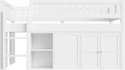 Full Size Loft Bed with Storage Cabinet & Chalkboard Panel, Wood Loft Bed Frame, Space-Saving Design, White