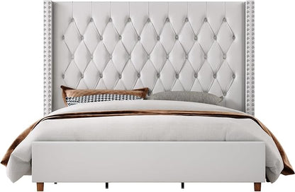 Jocisland Queen Bed Frame 61.4" Tall Headboard Velvet upholstered,Cream | Full Back Support Wingback Headboard,Deep Button Tufted Hand-crafted Pleats,Squeak-Free Sleep,Solid Wood Legs,Easy Assembly