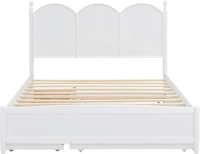 Merax Queen Size Platform Bed with 2 Storage Drawers and Twin XL Size Trundle, Rustic Design Wooden Bed Frame, White