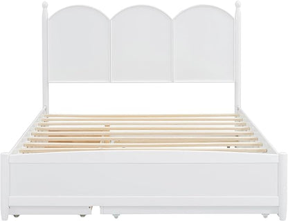 Merax Queen Size Platform Bed with 2 Storage Drawers and Twin XL Size Trundle, Rustic Design Wooden Bed Frame, White