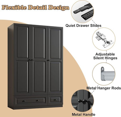 Armoire Wardrobe Closet with Drawers: 74" Black Tall Wooden Wardrobe Closet for Hanging Clothes, Large Bedroom Armoires with 2 Drawers, 3 Door Armoire Storage Cabinet (Black, 47")