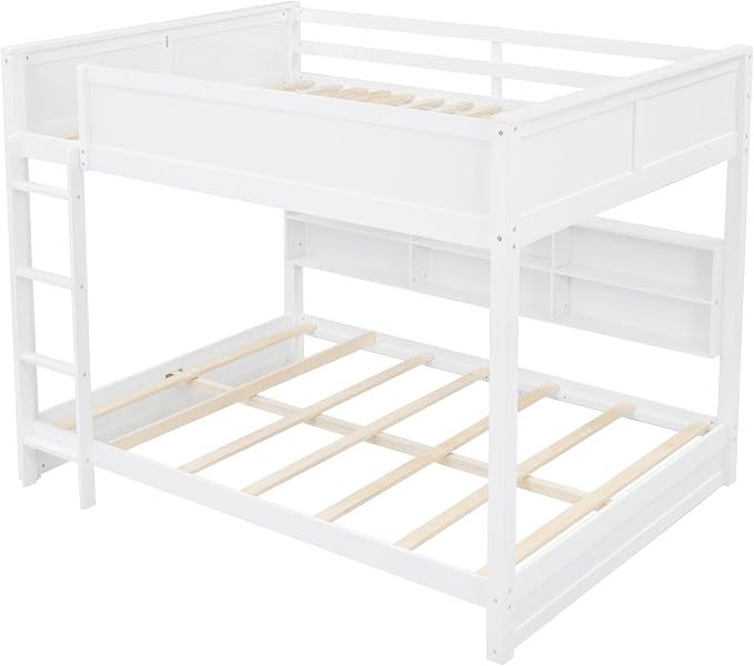Queen Over Queen Bunk Bed with Built-in Shelves and USB Ports, Solid Wood Bunk Bed Frame with Safety Guardrail, for Kids Boys Girls Bedroom, No Box Spring Needed (White)