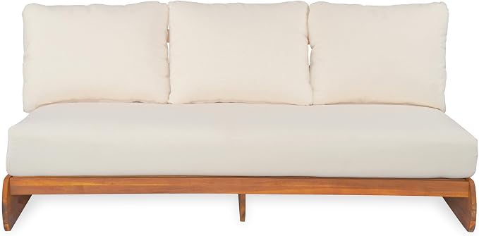 Merax Outdoor Acacia Wood Sofa with All-Weather Cushions, Patio Low 3-Seater Lounge Sofa for Porch, Lawn, Backyard, Balcony, Beige +Teak