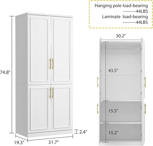 ECACAD White Wardrobe Armoire with 4 Doors, 3-Tier Shelves & Hanging Rod, Wooden Closet Storage Cabinet for Bedroom (30.2”W x 19.3”D x 74.8”H)