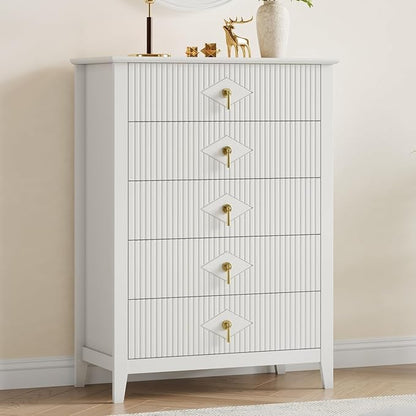 GarveeHome Fluted Dresser for Bedroom, 42.9" Tall 5-Drawer Wood Dresser, Modern Chest of Drawers, Storage Organizer Cabinet for Living Room, Hallway, Entryway, White