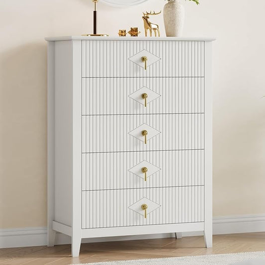 GarveeHome Fluted Dresser for Bedroom, 42.9" Tall 5-Drawer Wood Dresser, Modern Chest of Drawers, Storage Organizer Cabinet for Living Room, Hallway, Entryway, White