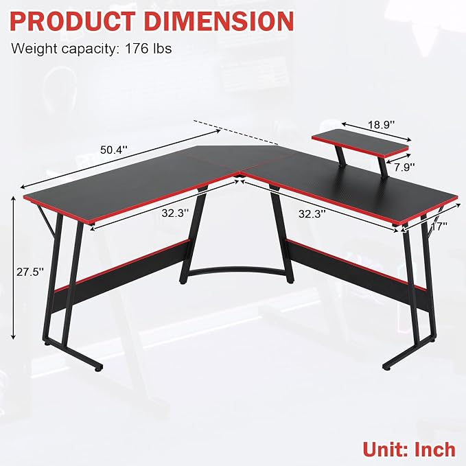 51 Inch L Shaped Gaming Desk Corner Computer Desk with Detachable Monitor Stand for Home Office Learning Gaming Workstation,Black