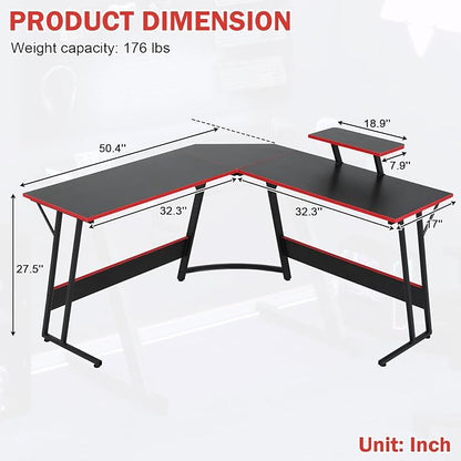 51 Inch L Shaped Gaming Desk Corner Computer Desk with Detachable Monitor Stand for Home Office Learning Gaming Workstation,Black