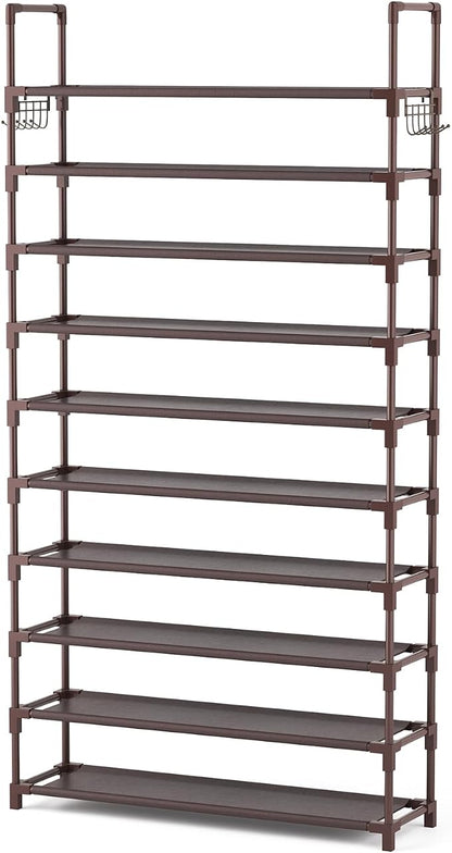 VTRIN 10 Tiers Shoe Rack Tall Large Capacity Wide Shoe Organizer Sturdy Shoe Shelf for Entryway with Two Hooks Metal Shoe Storage for Closet, Bedroom, Brown