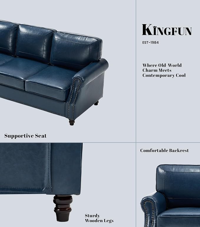 Kingfun Mid-Century Modern Couch, Faux Leather Sofa Set, 3 Seater Couch for Living Room with Rolled arms & Nailhead Trim, Blue