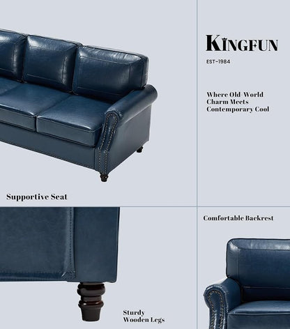 Kingfun Mid-Century Modern Couch, Faux Leather Sofa Set, 3 Seater Couch for Living Room with Rolled arms & Nailhead Trim, Blue