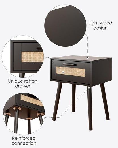 Aienvey Bedroom Nightstands Wooden Night Stands with Rattan Weaving Drawer Home Bedside End Table for Bedroom Storage (Bohemian-Black)