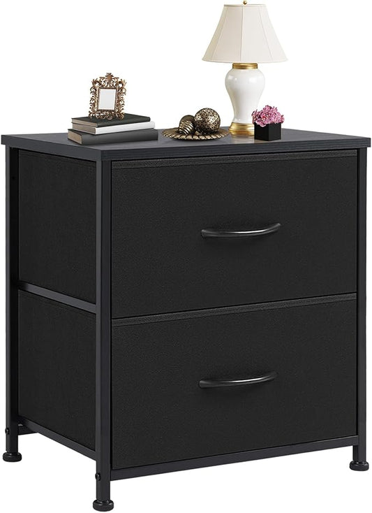 DUMOS Nightstand Small Dresser with 2 Fabric Drawers, Bedroom End Table | Kids Bedside Storage Furniture for 20 inch Tall Night Stand for Closet, Dorm, Classic Black