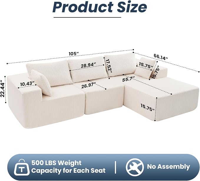 DUMOS 105" L-Shaped Sectional Boneless Couch for Living Room, Upholstered Corduroy Sofa with Deep Seat for Small Apartment, Bedroom, No Assembly in a Box, Right Facing Chaise, Beige