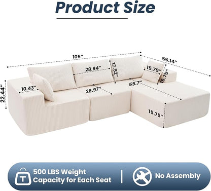 DUMOS 105" L-Shaped Sectional Boneless Couch for Living Room, Upholstered Corduroy Sofa with Deep Seat for Small Apartment, Bedroom, No Assembly in a Box, Right Facing Chaise, Beige