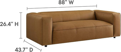 Modway Auren Vegan Leather Sofa in Camel - Faux Leather 3 Seater Couch - 88 Inch Comfy Modern PU Leather Sofa - Oversized Mid Century Modern Couch for Living Room, Apartment, Loft
