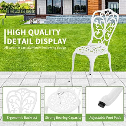 3 Piece Cast Aluminum Bistro Table and Chairs Set of 2 with Umbrella Hole Outdoor Bistro Set for Yard,Withe