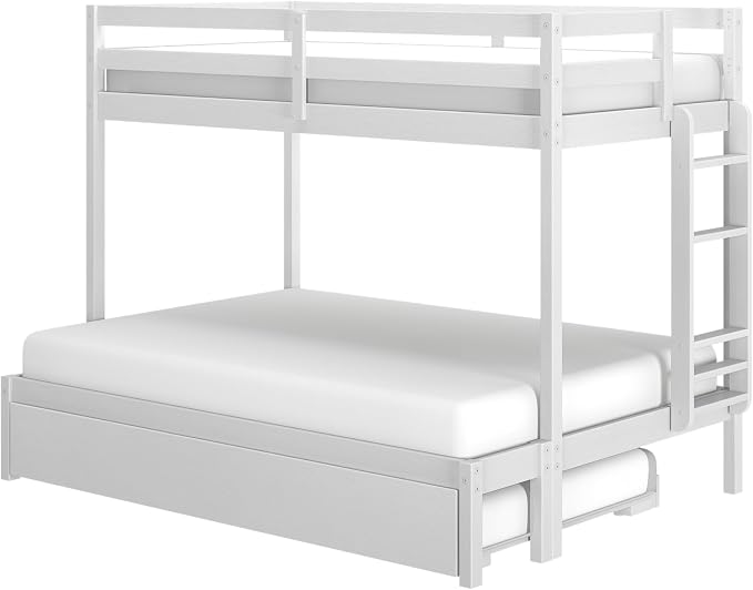 Grain & Grove Bear Twin Over Full Bunk Bed with Storage Drawers, Sturdy Bunk Bed Frame for Kids, Plywood Bunk with Ladder, Guardrail, and Slats, No Box Spring Required, Brushed White