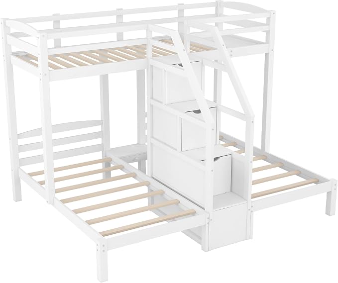 VilroCaz Twin Size Triple Bunk Bed with Built-in Staircase and Storage Drawer, Solid Wood Bunk Bed Frame with Safety Full-Length Guardrail for 3, Bedroom Guest Room Home Furniture