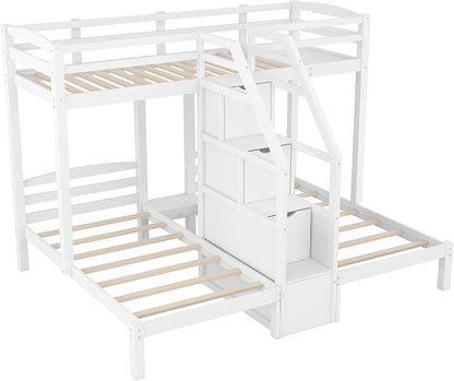 VilroCaz Twin Size Triple Bunk Bed with Built-in Staircase and Storage Drawer, Solid Wood Bunk Bed Frame with Safety Full-Length Guardrail for 3, Bedroom Guest Room Home Furniture