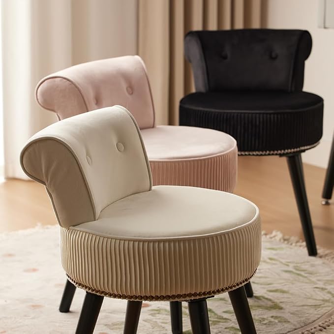 Vanity Chair with Back, Velvet Stool with Low Backrest & Silver Nailhead Trim, Round Vanity Seat for Bedroom and Bathroom Makeup, Support 220lbs, Easy Assembly (Pink)