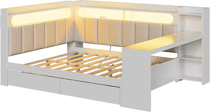 Bellemave Full Upholstered Daybed with Desk and Drawers and USB/LED Belt, Corner Bed with Trundle, L-Shape daybed for Bedroom Living Room, White（Linen）