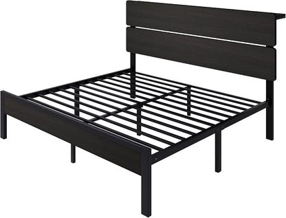 SHA CERLIN King Size Bed Frame with Led Light & Built-in Charging Station, Wooden Headboard with Storage Shelf, Metal Platform Bed, Under Bed Storage, No Box Spring Needed, Noise Free, Black